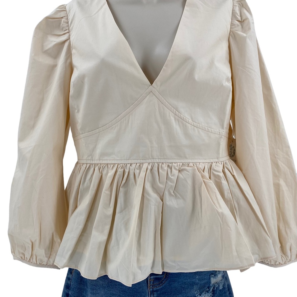 Hyacinth House | NEW Tan Puff Sleeve V Neck Elaine Blouse Top Size M - Picture 6 of 11